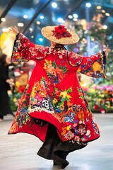 Naklejka premium Red Floral Embroidered Coat Asian Hat Fashion Show