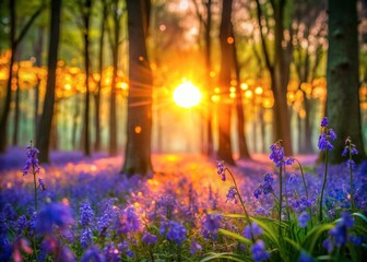 Obraz premium Abstract Sunset Bluebell Forest: Soft Focus, Dreamy English Woodland at Dusk