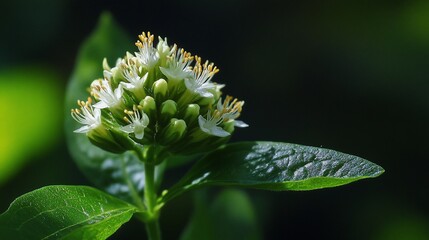 Close-up of delicate white flowers clustered on a green stem with leaves, set against a dark background.