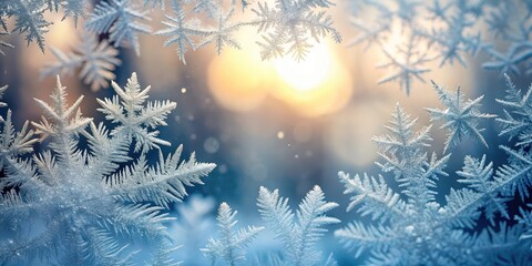 Intricate Frost Patterns on a Windowpane, Illuminated by a Warm Winter Sunset