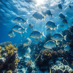 Fototapeta premium A panoramic view of a tropical seabed with schools of fish swimming in unison