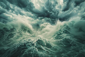 Powerful waves churn and crest beneath a dark, stormy sky, Swirling eddies of water churning beneath a turbulent stormy sky