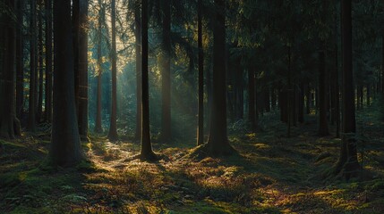 Fototapeta premium Sunlit Forest Path Morning Light Illuminates Trees