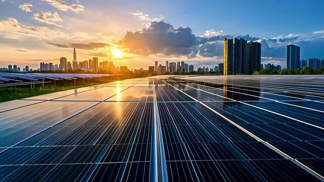 A stunning sunset over solar panels and city skyline, showcasing sustainable energy.