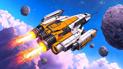 A futuristic spaceship with vibrant orange accents soars through space, leaving fiery trails against a backdrop of asteroids and colorful clouds.