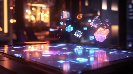 Futuristic interactive table displaying holographic data and digital icons in a modern setting.