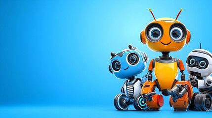 Modern Robots Assembly, a collection of sleek, futuristic robots positioned against a vibrant blue backdrop, showcasing advanced technology and design.