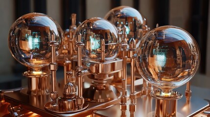 Elegant Copper Apparatus With Glass Globes Reflecting Light