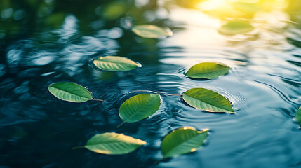 Relaxing spring scene with green leaves floating on tranquil water surrounded by soft sunlight