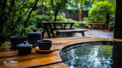 Fototapeta premium A Japanese hot spa experience with a tea set placed on the wooden deck.