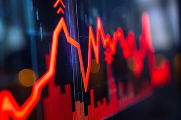 A close-up shot of a red line charting a sharp decline on a financial monitor, Capture the uncertainty and fear brought on by an economic downturn