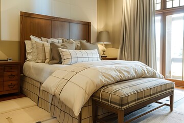Obraz premium Modern bedroom interior with orange pillows on bed.