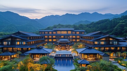 Naklejka premium A luxurious Japanese resort featuring a private hot spring bath in the garden.