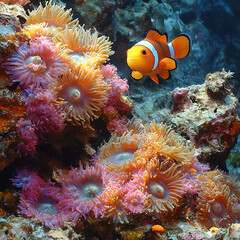 A peaceful reef scene with clownfish hiding among sea anemones