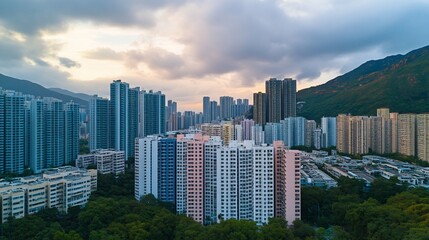 Obraz premium Dense urban cityscape at sunset, nestled between mountains and lush greenery.