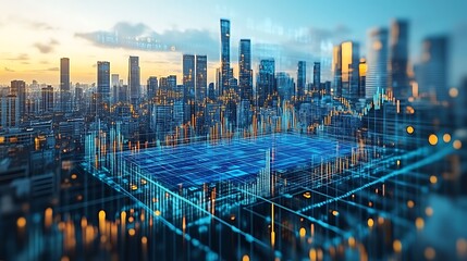 Digital Cityscape Overlayed With Financial Data Graphs