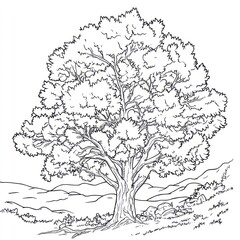 Majestic oak tree drawing, hillside landscape, coloring book page