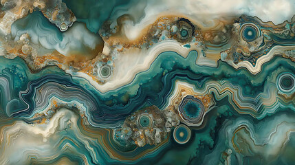 Obraz premium Aerial perspective of an agate archipelago, focusing on intricate formations of the islands, swirling ocean patterns, and a rich color palette of greens, blues