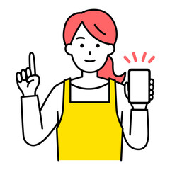 スマートフォンの画面を見せて説明するエプロン姿の女性