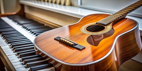 Acoustic Guitar Resting on Piano Keys - Close-up Macro Stock Photo