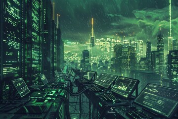 A futuristic city skyline at night is illuminated by green light, with a server room in the foreground, Depict the consequences of a cyber attack on a digital infrastructure
