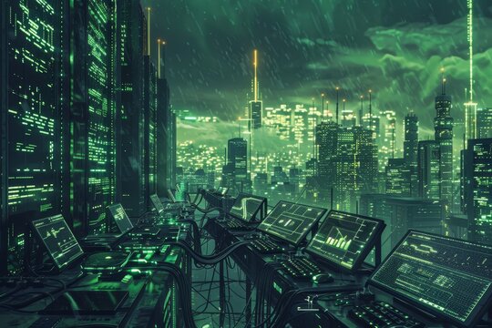 A futuristic city skyline at night is illuminated by green light, with a server room in the foreground, Depict the consequences of a cyber attack on a digital infrastructure