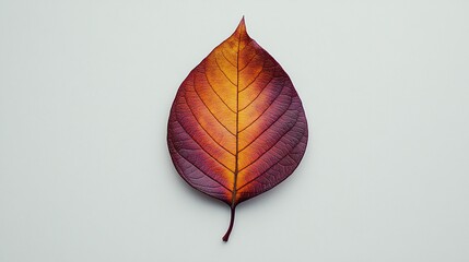 Single autumn leaf with orange and red hues on a white background.