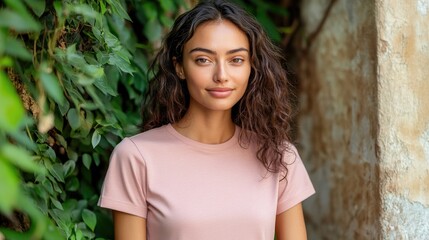 Naklejka premium Woman with brown hair wearing a pink shirt stands by green leaves