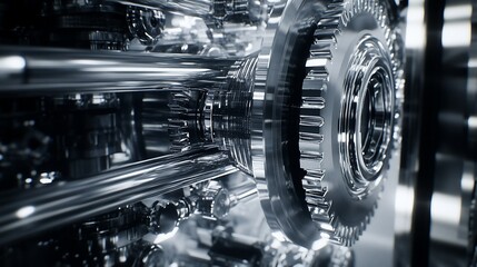 Close-up of polished metal gears and engine parts.