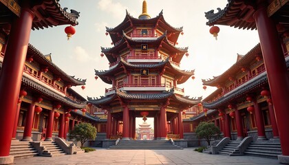 Obraz premium Stylized Chinese Pagoda Complex with Traditional Architectural Elements in Symmetrical Courtyard