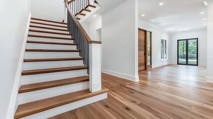Bright and airy entry foyer, spacious design, white walls, elegant decor, inviting atmosphere, natural light streaming in, welcoming ambiance