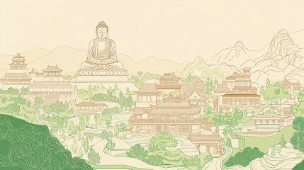 vector line drawing illustration of Buddha statue on a temple of buddha