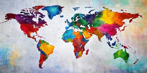 Naklejka premium Vibrant Watercolor World Map A Colorful Artistic Representation of Global Unity