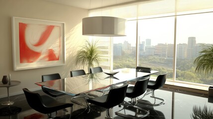 Modern Dining Room With City View And Abstract Art