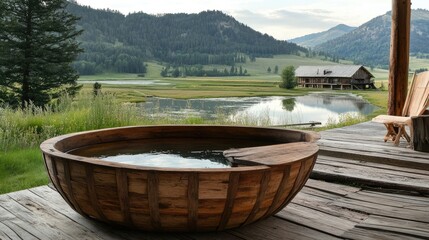A rustic wooden bathtub placed on a wooden deck with a panoramic mountain view.