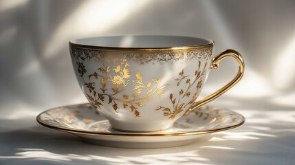 Elegant gold-trimmed teacup and saucer in sunlight.
