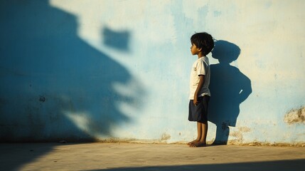 Young boy standing against a blue wall, casting a long shadow in the sunlight.