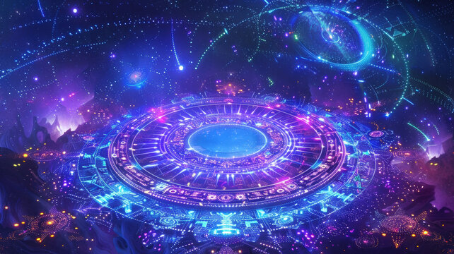 Mystical Magic Circle with Ancient Runes Glowing in Space with Purple Energy Portal