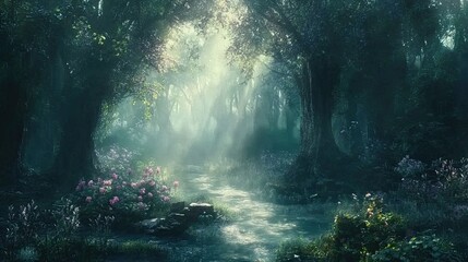 Obraz premium Enchanting Forest Stream With Pink Flowers And Sunlight