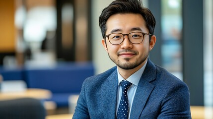 Fototapeta premium Portrait of a smiling Asian businessman in a modern office.