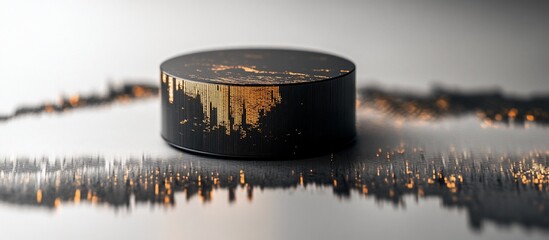 Black cylinder with gold accents on a white surface with gold dust.
