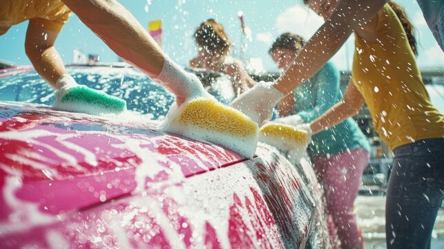 Community car wash fundraiser local park event photos bright day action shots team spirit