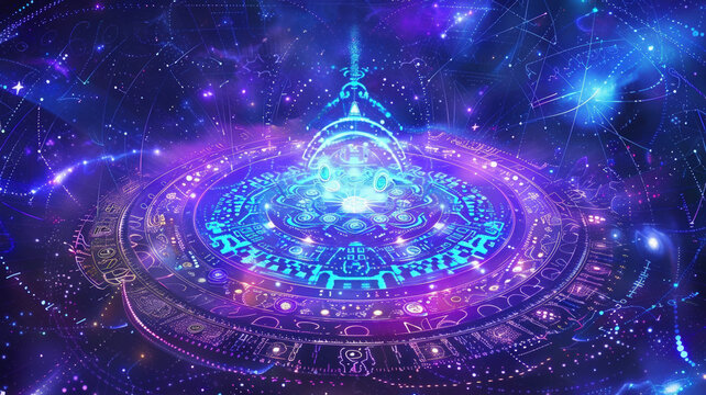 Mystical Magic Circle with Ancient Runes Glowing in Space with Purple Energy Portal