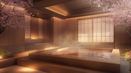Obraz premium Elegant Japanese onsen room featuring a wooden tub, soft ambient lighting, and a glass wall with views of cherry blossoms.