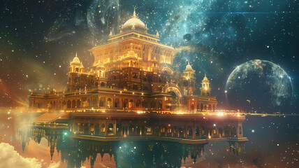 Magical Golden Palace Floating in Cosmic Space with Glowing Stars and Light Effects