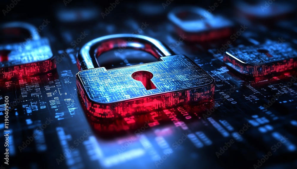 Fototapete a digital padlock symbolizing network protection, dark blue background with binary code, cyber secur