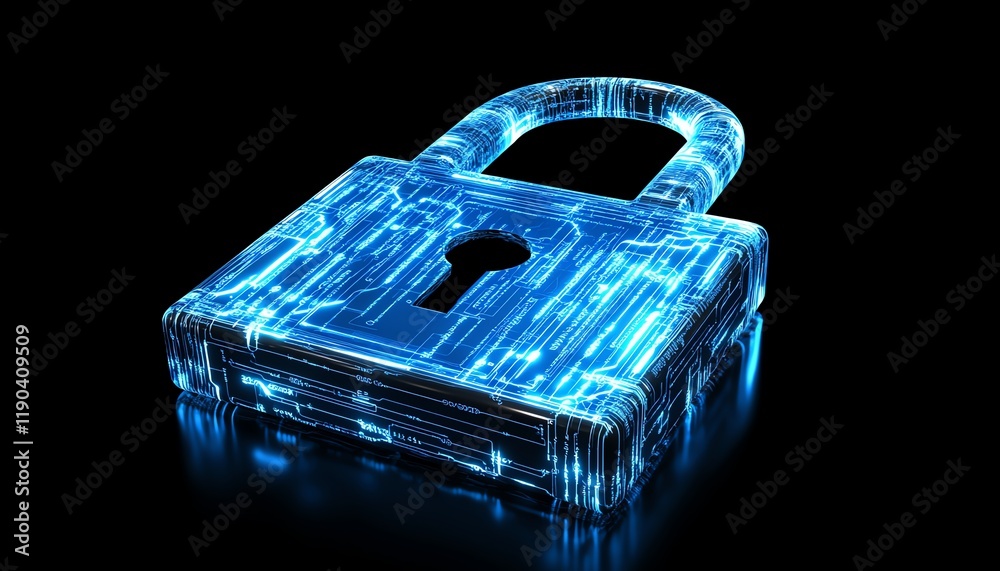 Poster A digital padlock symbolizing network protection, dark blue background with binary code, cyber security technology for privacy data and fraud prevention
