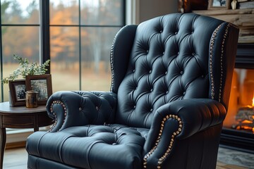 Obraz premium Classic dark gray leather recliner with diamond-studded buttons, side table with home decor items, natural light streaming through window, cozy ambiance.