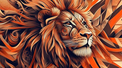 Abstract Orange Lion Portrait with Geometric Mane