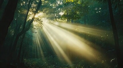 Obraz premium Sunbeams Illuminate Misty Forest Path